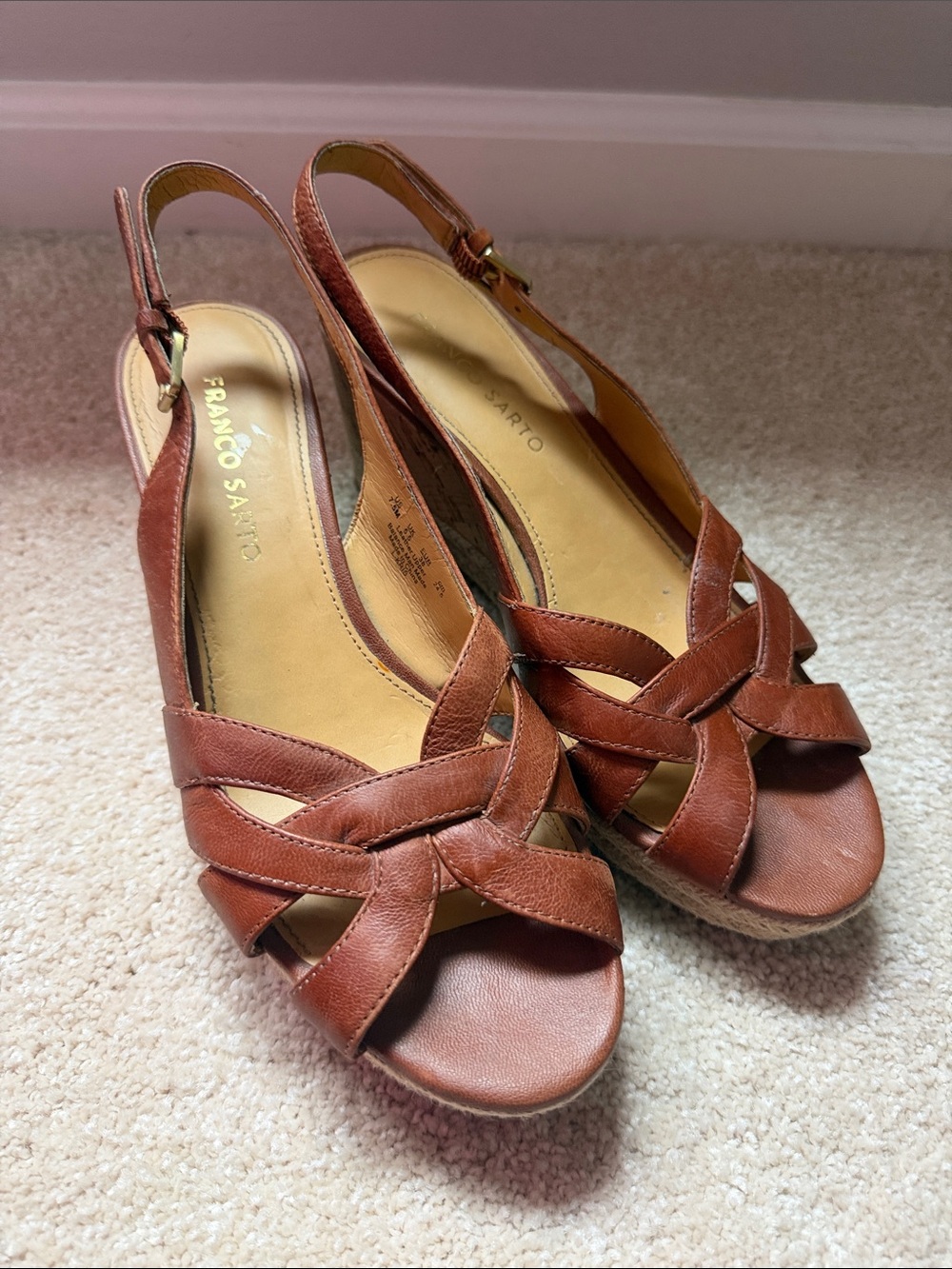 Franco Sarto Cognac Leather Wedge Espadrilles Sandal Slingback Cork Platform 7.5